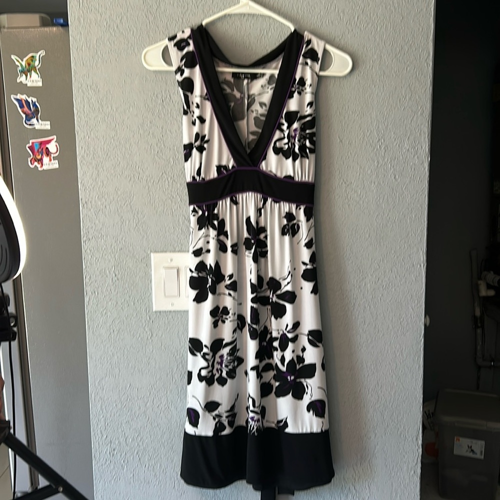 Black purple and white dress with tie in the back